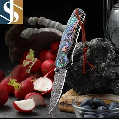 Navaja de bolsillo de Damasco con mango de concha de abulón